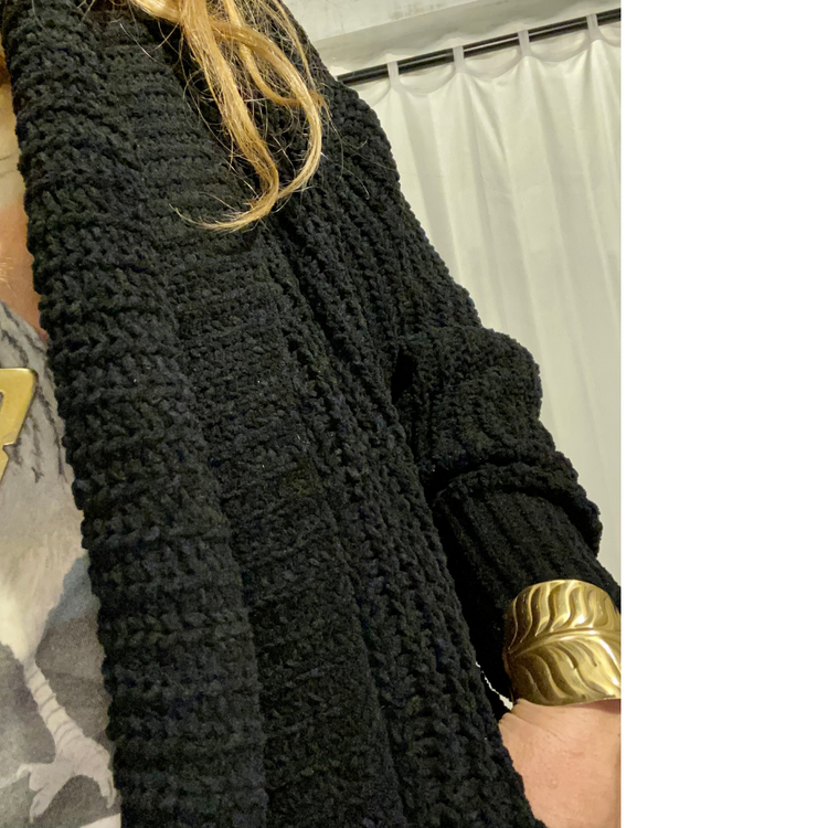 Black Chenille Knit Open Cardigan Sweater with Front Pockets