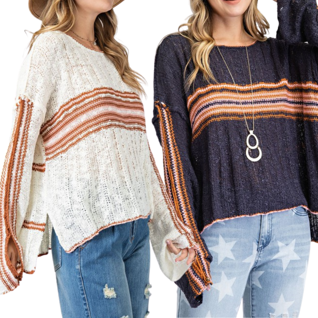 Women's Boho Sweater - Multi Color Striped Pullover