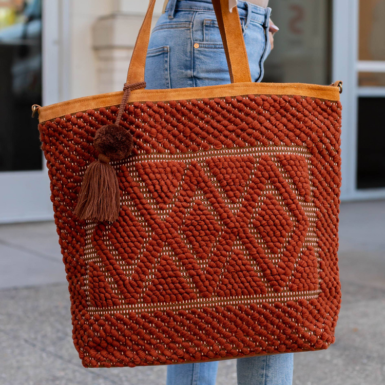 Aztec Nubby Rust Multi Diamond Boho Tote With Pom Tassel