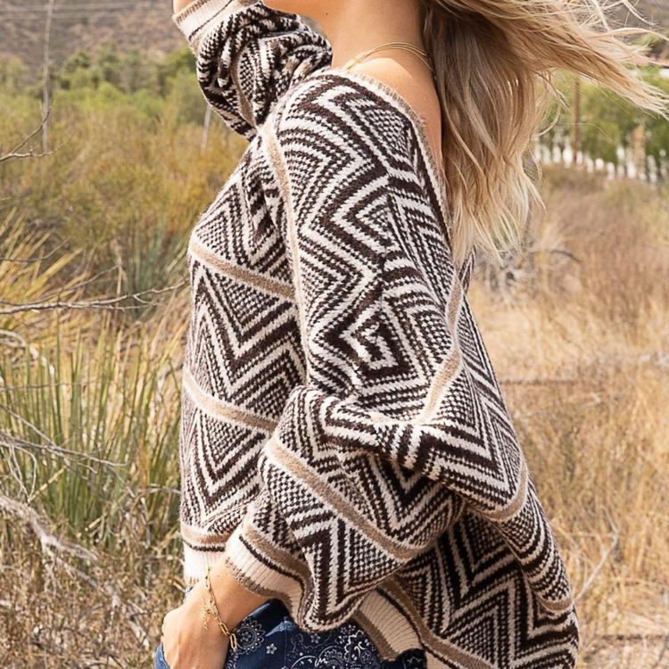 Aztec Relaxed Deep V-Neck V-Back Dolman Sleeve, Side Slit, Sweater
