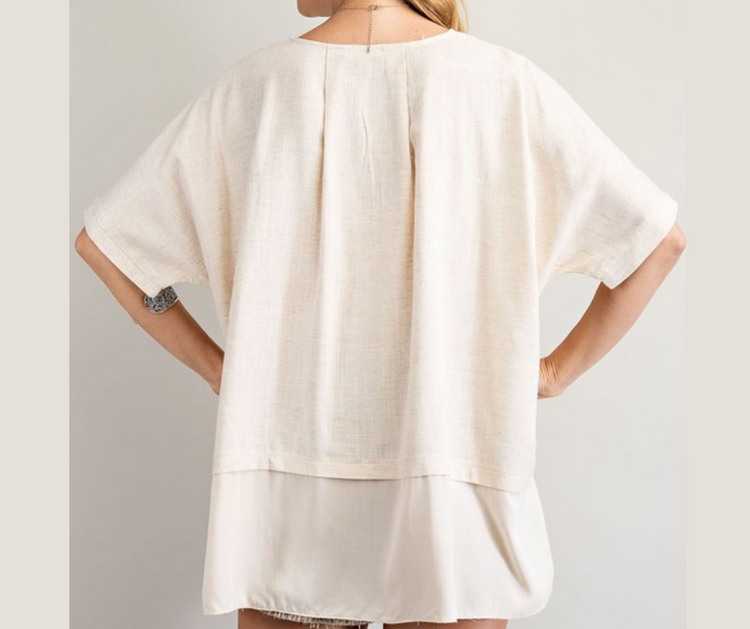 Oversized Poly Linen Oatmeal Tunic Top. - Rounded Neckline - Contrast Fabrication Bottom - Loose Fit And Oversized Silhouette - Longer Tunic Length For Added Coverage
