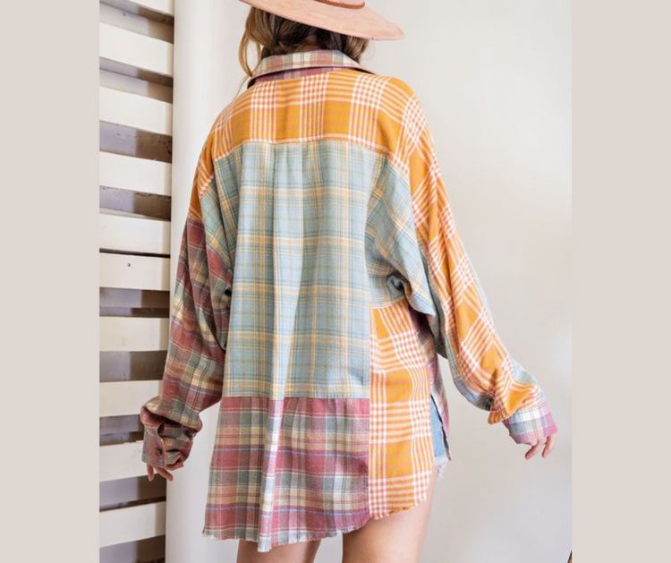 Blush Blue Plaid Color Blocked Patchwork Button Down Long Sleeve Top