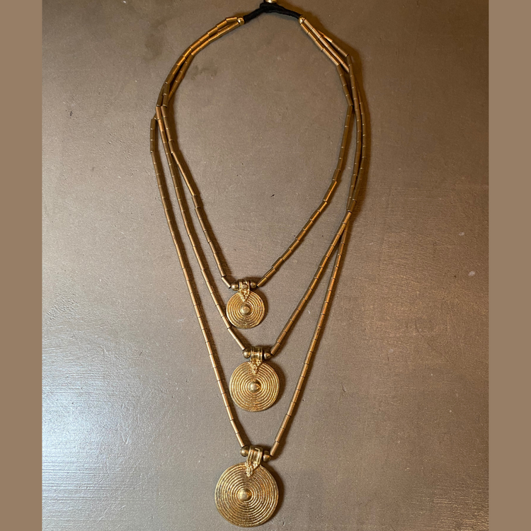 Multi-Strand Brass Beaded Necklace with Triple Circle Pendants from India