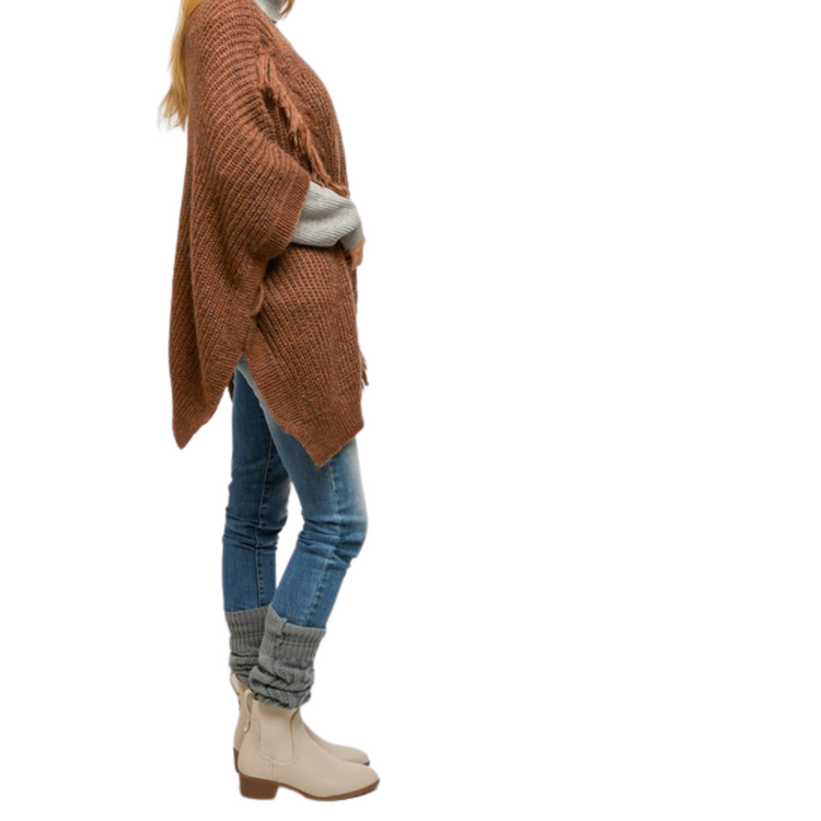 Camel Fringe Belted Pullover Pancho Top