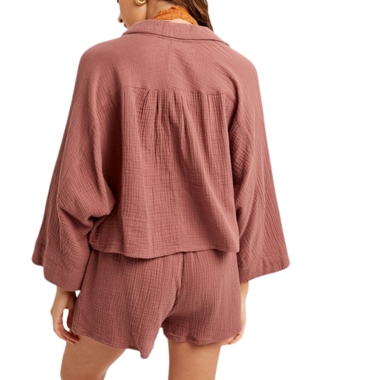 Light Plum Mauve Gauze Button Down Top with Shorts Set