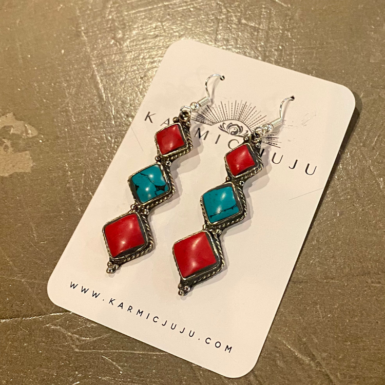 Turquoise, Coral, and Brass Triple Diamond Shaped Drop Earring from India