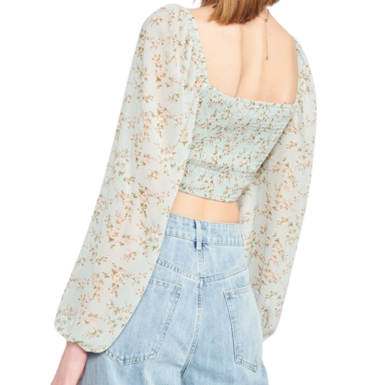 Sage w/ Dainty Floral Print Long Sleeve Square Neck Smocked Crop Top