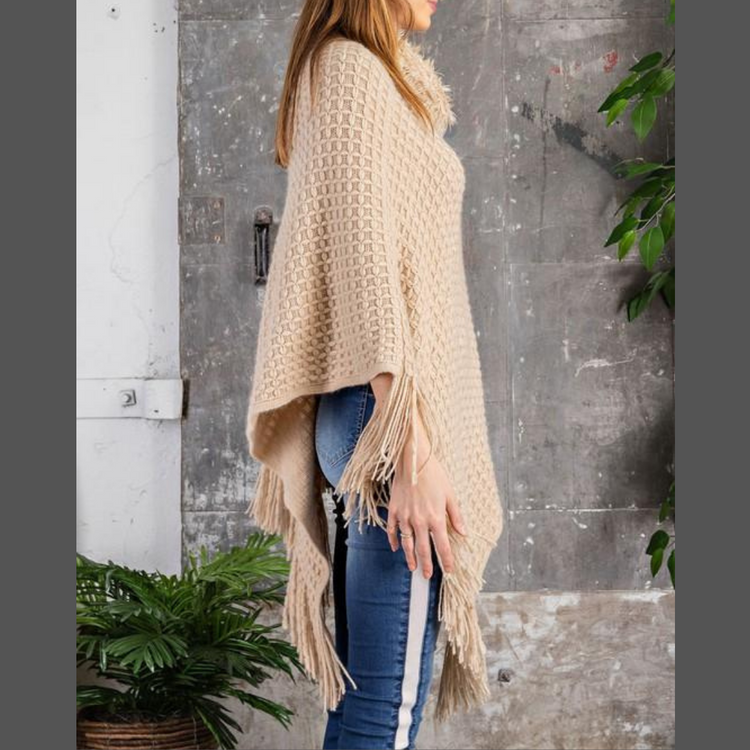 Cowl Neck Fringe Poncho Sweater