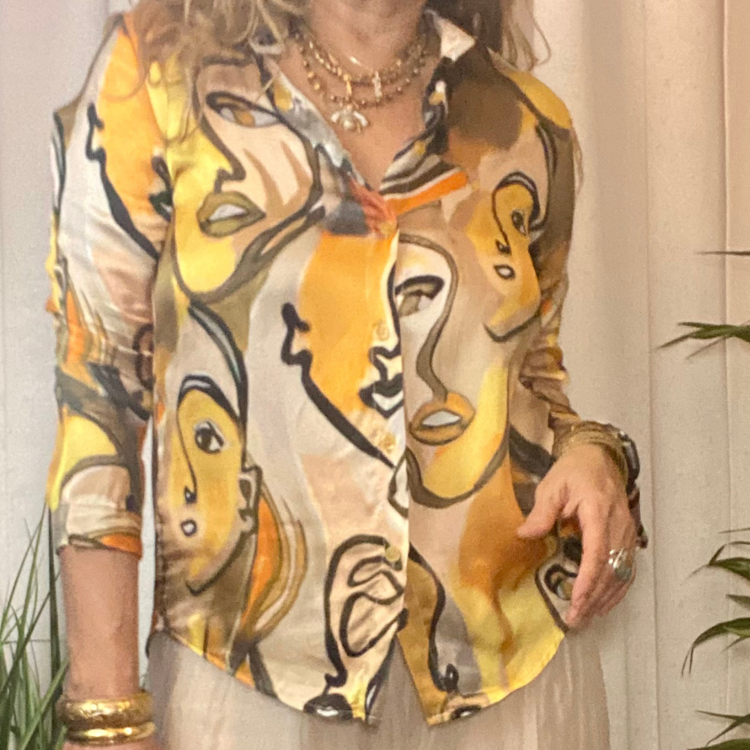Italian Silk Abstract Faces Silk Top Blouse