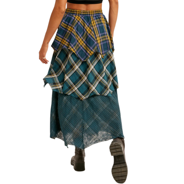 Green Plaid Asymmetrical Tiered Maxi Skirt