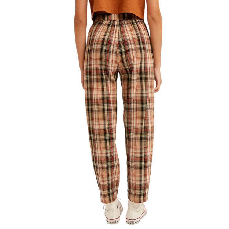 Pleated Toffee Plaid Tapered Leg Trouser Pants