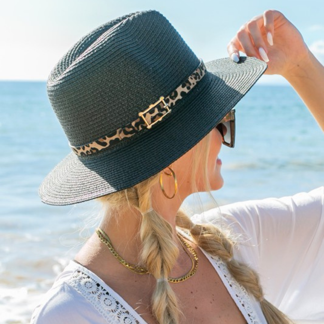 Black Straw Fedora Panama Hat with Leopard Hat Band