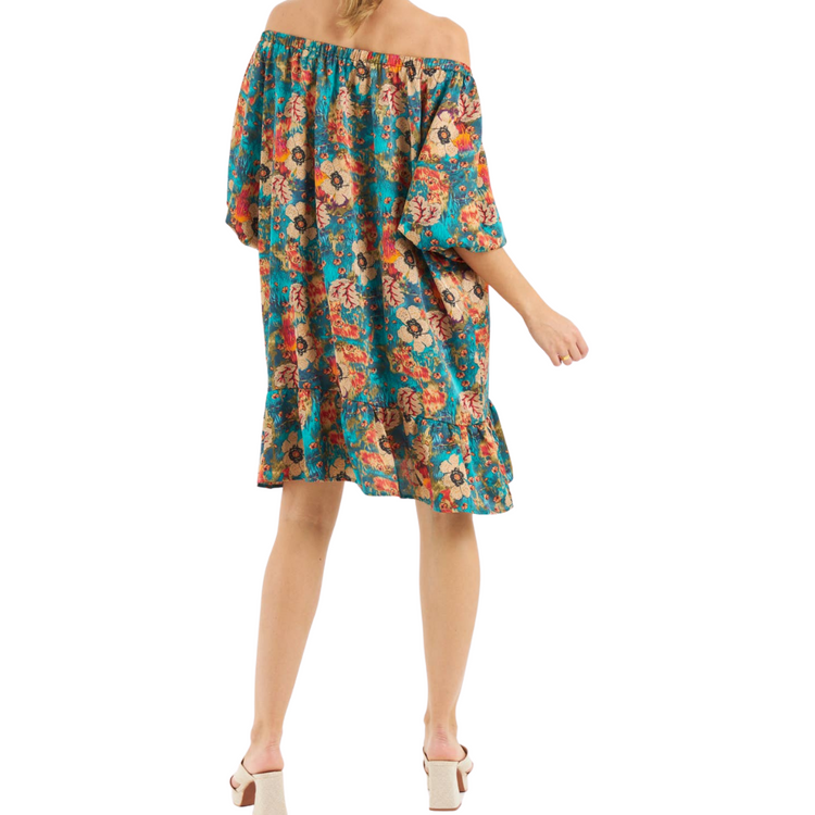 Teal Floral Off Shoulder Belted Babydoll Mini Dress