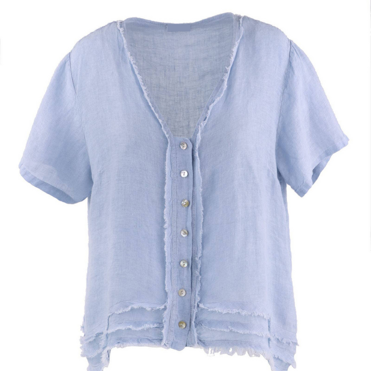 Sky Blue Italian Linen Button Front Short Sleeve Tunic
