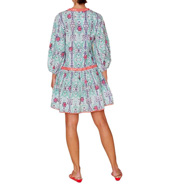 Bell Sleeve White with Blue Green Kaleidoscope Floral Print Mini Dress with Bottom Ruffle Detail