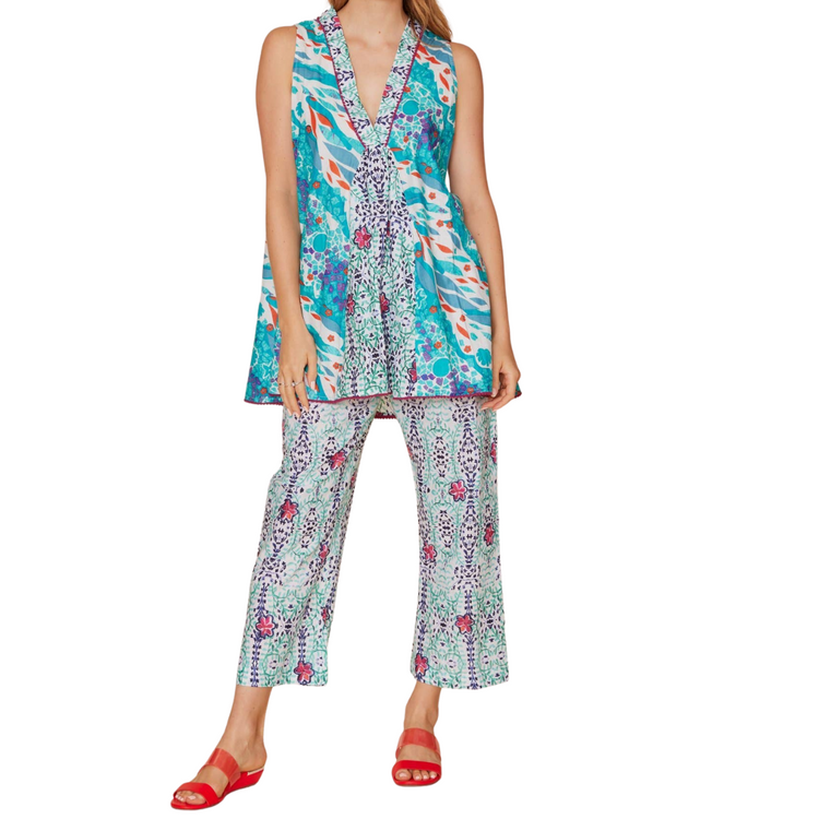 Sleeveless Abstract White Aqua Blue Orange Wide A-Line Tunic Mini Dress