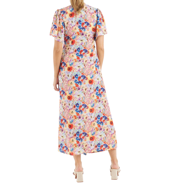 Short Sleeve V-Neck Pink with Vibrant Floral Long Dress with Ruffled Front Slit