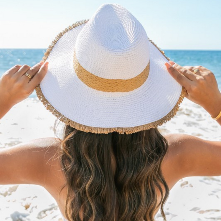 White Straw Panama Fedora Hat w Raw Fray-Edge and Woven Rattan Band