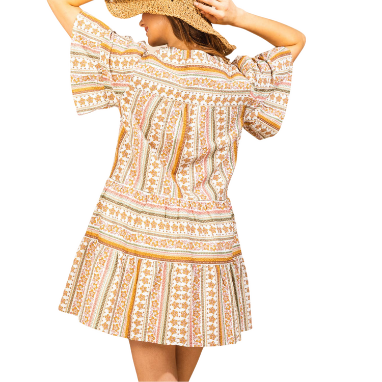 V-Neck Short Bell Sleeve Olive Yellow Printed Loose Ruffled Mini Dress