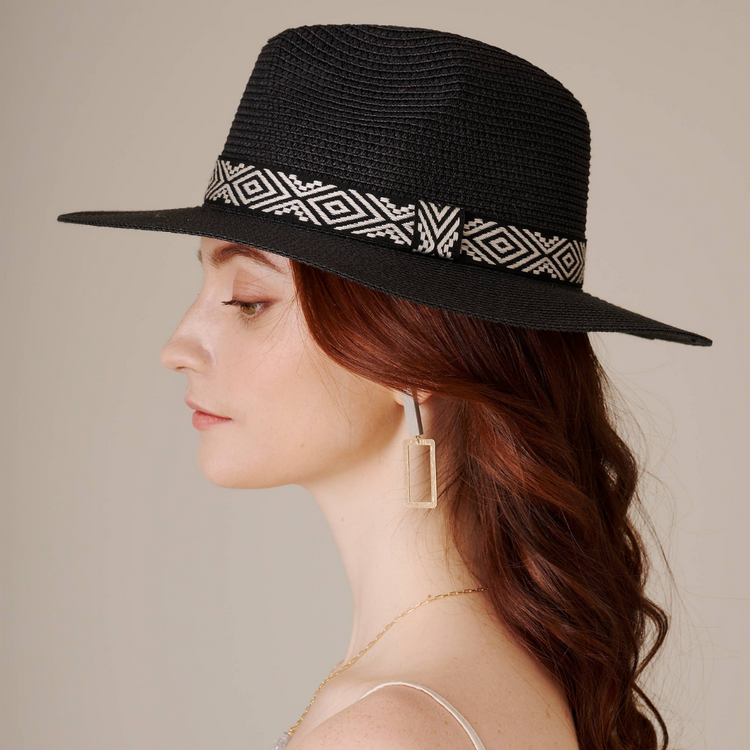 Aztec Strap Straw Fedora Hat (Black)