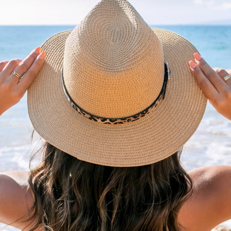 Khaki Straw Fedora Panama Hat with Leopard Hat Band