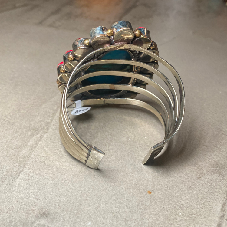 Chunky Silver Cuff with Large Verasite Stone Center Framed in Coral from India