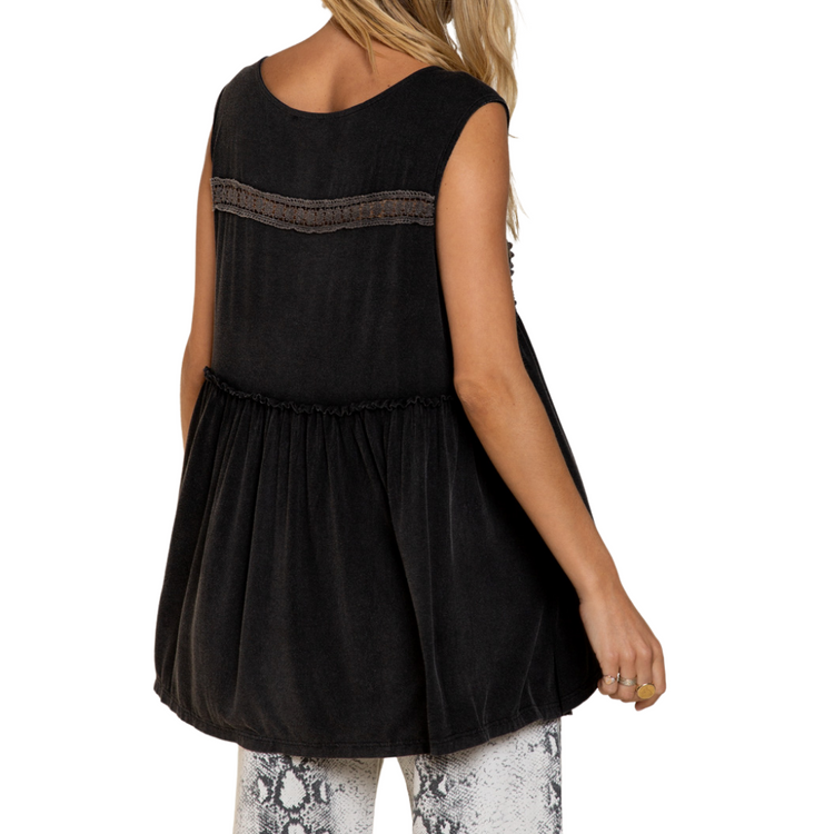 Black Ultra Soft Babydoll Sleeveless Tank Top with Lace Trim Detail