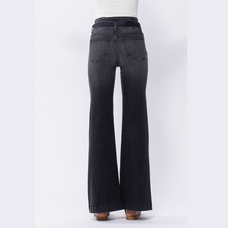 Super High Rise Black Flare Jeans with Tie Waist Belt