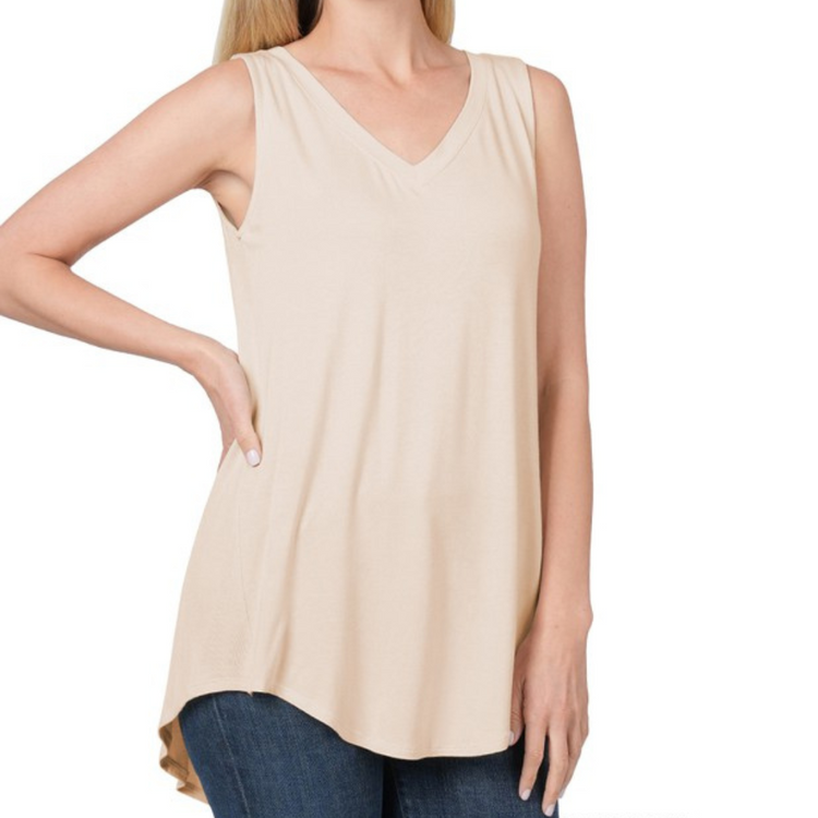 Ivory Sand Rayon V-Neck Hi-Low Sleeveless Top
