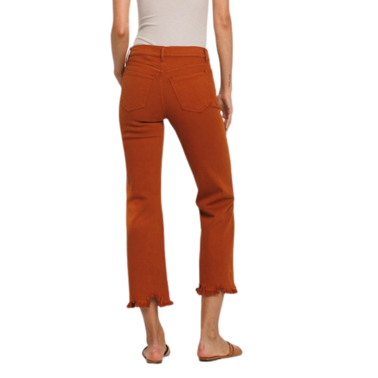 Rust Orange Mid Rise Cropped Straight Leg Jeans with Fray Hem