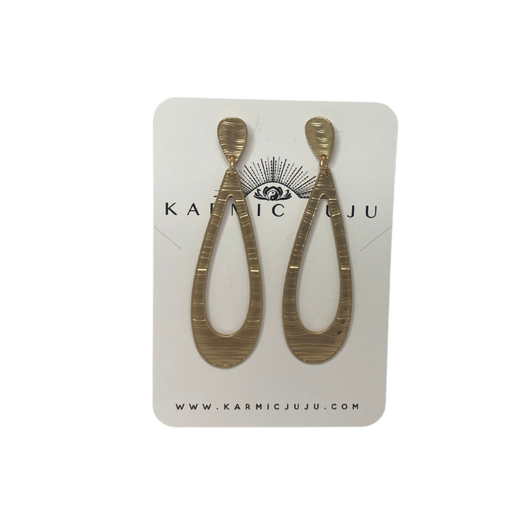 Gold Long Drop Earrings with Open Center and Etched Horizontal Detail