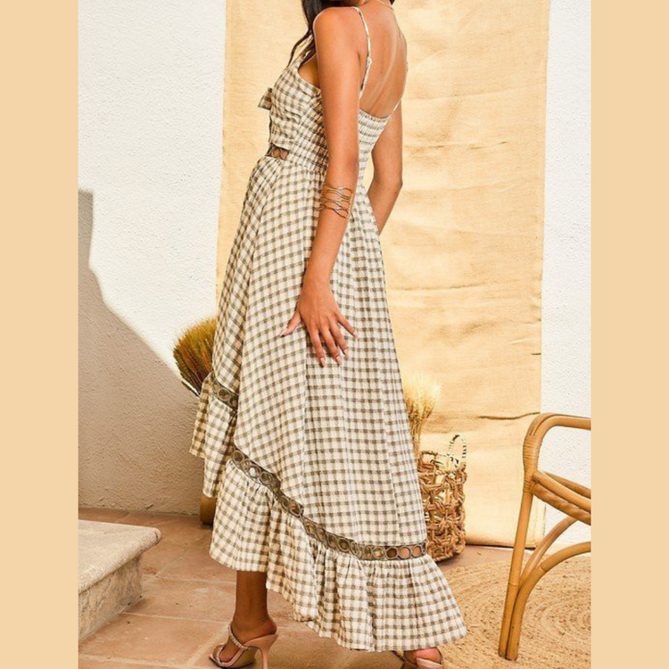 Olive Checkered Hi-Lo Plaid Maxi Dress with Lace Trim Waist Detail.