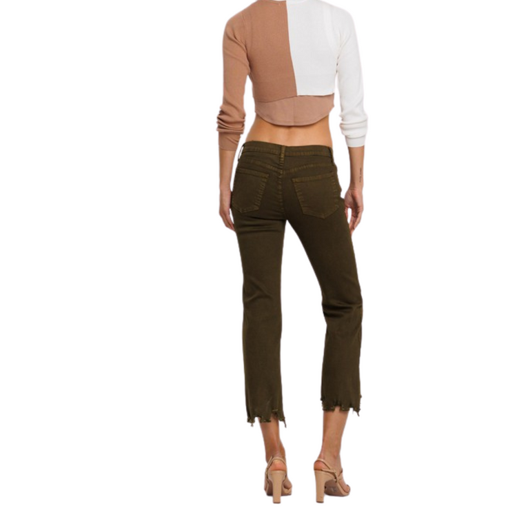 Olive Green Mid Rise Cropped Straight Leg Jeans with Fray Hem