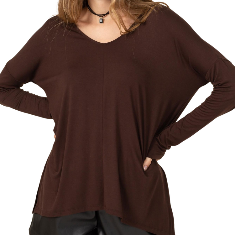 Dark Brown Over Sized Long Sleeve V-Neck Tee Shirt Top