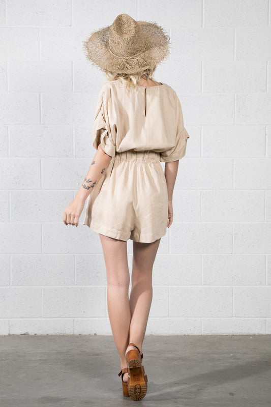 Comfy V Neck Waist Band Tan Romper