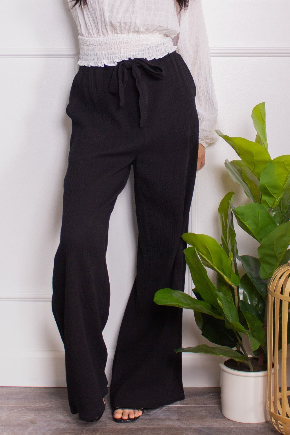 Black Gauze Waist Tie Pants