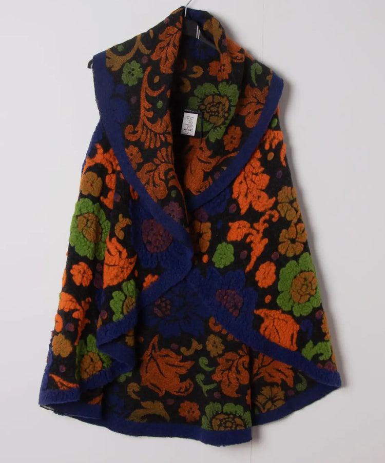 Italian Textured Floral Wool Sleeveless Open Front Vest Jacket