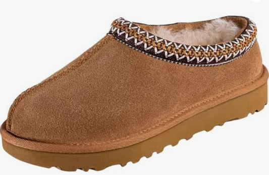 Tan Camel Faux Suede Fur Sherpa Lined Slip-on Mule Shoe with Stitch Trim Detail