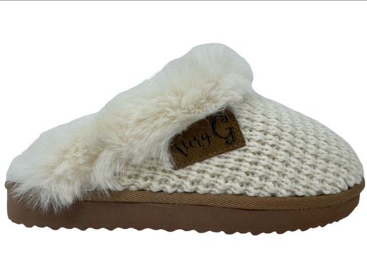 Cream Sweater Fur Sherpa Lined Slip-on Mule Shoe with Furry Trim