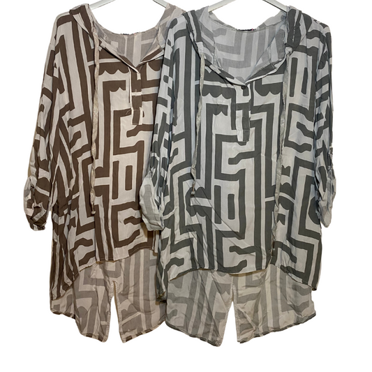 Italian Viscose Loose Pull Over Hoodie Long Sleeve Top with Geometric Maze Design Gray or Brown