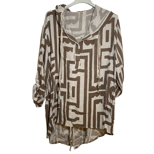 Italian Viscose Loose Pull Over Hoodie Long Sleeve Top with Geometric Maze Design Gray or Brown