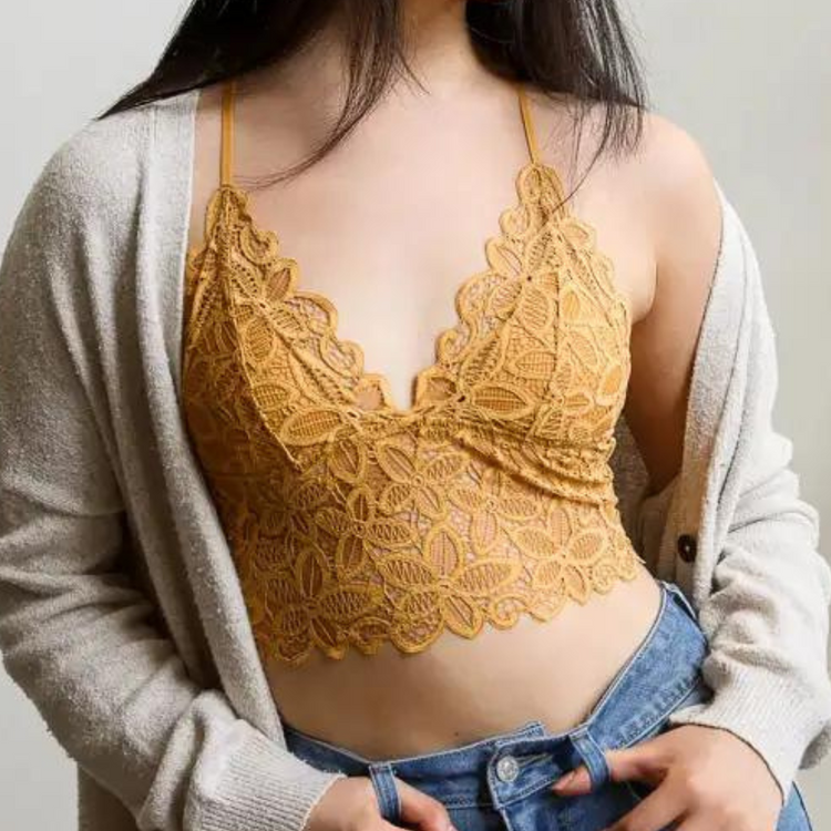 Mustard Yellow Daisy Flower Lace Racerback Longline Bralette with Padding