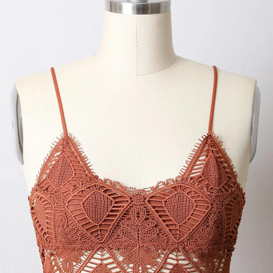 Cinnamon Rust Crochet Lace Smocked Back Bralette