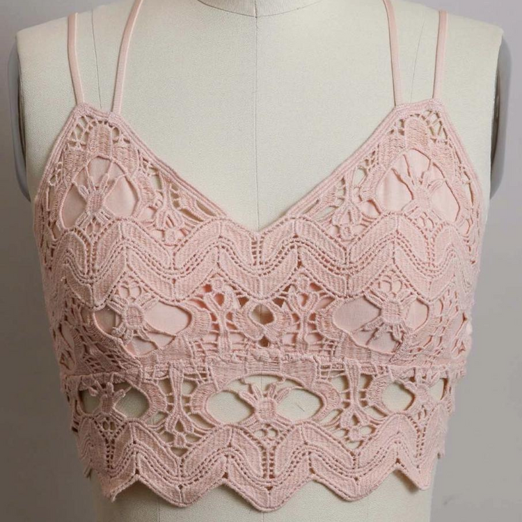 Blush Light Pink Crochet Lace Longline BraletteCrochet Embroidered Lace Longline Bralette