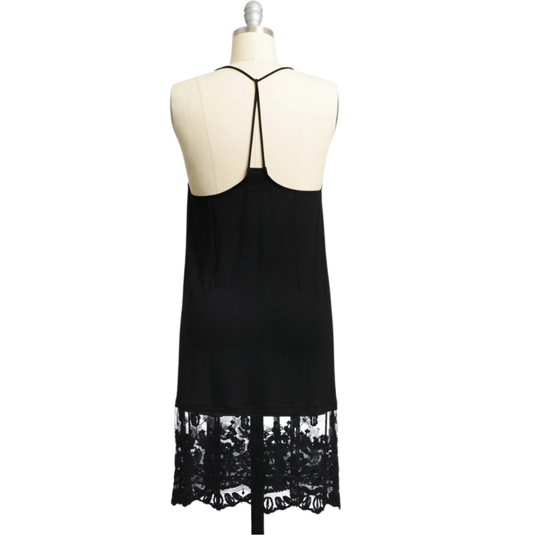 Black Strappy Racer Back Mini Slip Dress with Bottom Lace Trim Detail