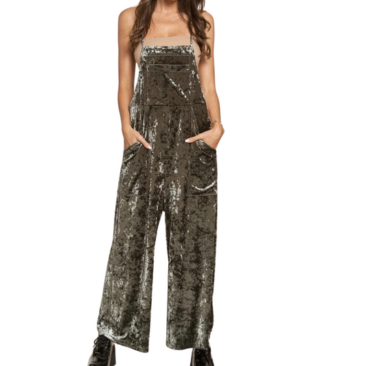 Olive Green Crushed Velvet Overalls Romper