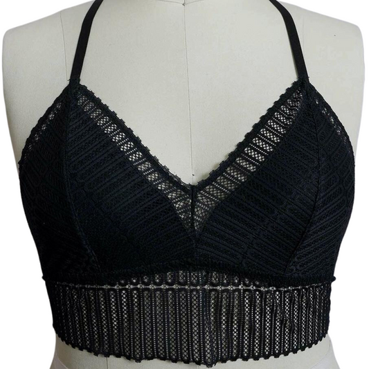 Black Lace and Ribbed Boho Racerback Bralette Plus Size