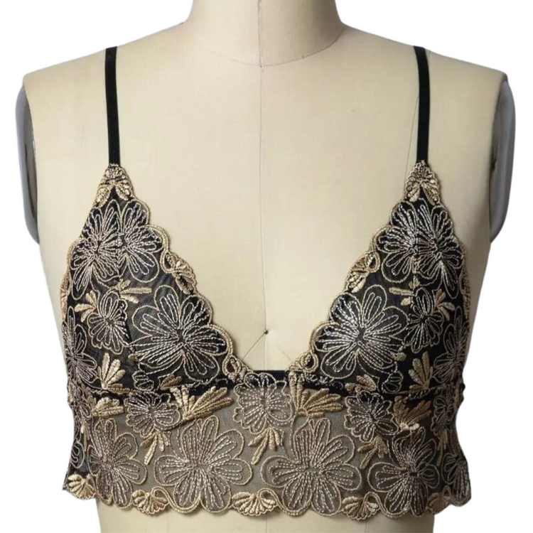 Black with Taupe Floral Stitch Lace Bralette