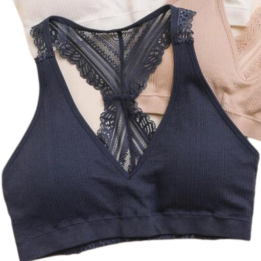 Midnight Blue Front Seamless with Lace Racerback Padded Bralette