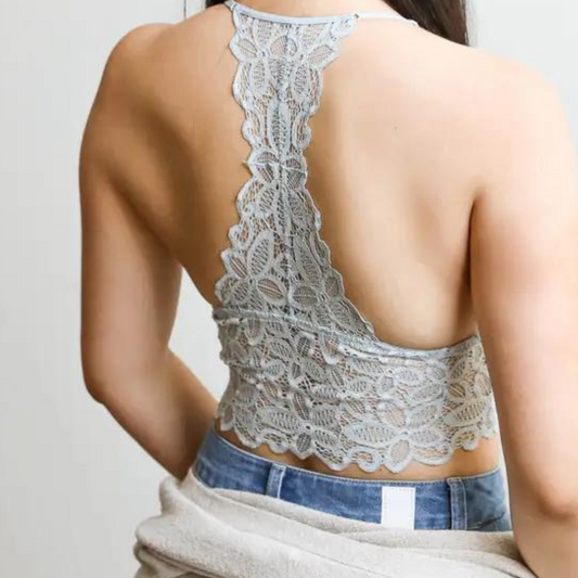 Gray Daisy Flower Lace Racerback Longline Bralette with Padding